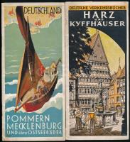 cca 1930 Pomern Mecklenburg und ihre Ostseebäder, német nyelvű utazási prospektus, fekete-fehér fotókkal, 64 p. + 1 (térkép) t. + Harz und Kyffhäuser, német nyelvű utazási prospektus, fekete-fehér fotókkal,32 p. + 1 (térkép) t.