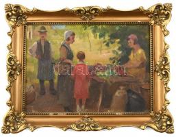 Jelzés nélkül: Piacon. Olaj, vászon. Dekoratív, kissé sérült fa keretben, 25×35 cm