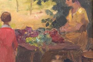 Jelzés nélkül: Piacon. Olaj, vászon. Dekoratív, kissé sérült fa keretben, 25×35 cm