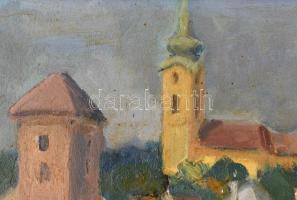 Oszoli Piroska (1919-2017): Dunaföldvári hegyoldal. Olaj, farost, jelzett, fa keretben, 40×50 cm