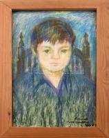Mersits Piroska (1926-1988): Kisfiú portréja. Kréta, papír. Jelzett. Autográf ajándékozási sorokkal. Üvegezett, kissé kopott fa sérült keretben. 51x32 cm