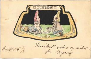 1906 Dominózó törpék. Kézzel rajzolt / Dwarves plaing dominos. hand-drawn s: Szontagh Eugenie