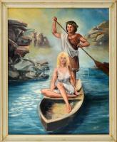 Szatmári Zsolt (?-): Orpheus és Euridiké haza felé a Styx folyón. Olaj, farost. Kisebb felületi karcolásokkal. Fa keretben. 50x40 cm