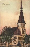 1916 Piski, Simeria; Református templom. Vasúti levelezőlapárusítás 1549. / Calvinist church (EK) + "K.u.K. Mil. Briefzensur Brassó"