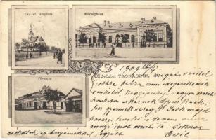 1909 Tasnád, Református, templom, Fő utca, községháza, Rosenfeld Ignác és Sámuel üzlete / Calvinist church, main street, town hall, shops. Art Nouveau