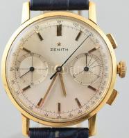 Zenith 18K arany chronográf kézi felhúzós Cal. 146 D férfi karóra cca 1950. Jelzett tok, szerkezet, korona, szerkezet. Hibátlan számlap, hátlapon kis horpadások. Működő, szép állapotban. d. 35 mm. / Zenith 18K Gold vintage Chronograph manual wind Cal. 146 D