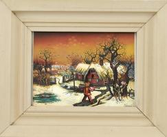 Téli táj, textil falikép, fa keretben, 15×241 cm, keret: 27×33 cm