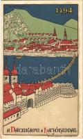 Budapest anno 1794. A Váczikapu a Hajóhíddal. Geittner és Rausch kiadása, Art Nouveau litho