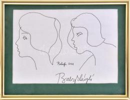 Balogh László (1930-): Női fejek 2004. golyóstoll, papír, 11,5x17 cm Üvegezett keretben