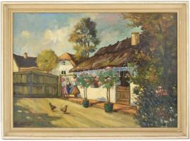 Olvashatatlan jelzéssel: Tere-fere. Olaj, karton. Fa keretben, 48x67,5 cm