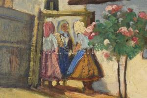 Olvashatatlan jelzéssel: Tere-fere. Olaj, karton. Fa keretben, 48x67,5 cm