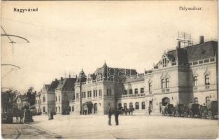 1914 Nagyvárad, Oradea; pályaudvar, vasútállomás, villamos / railway station, tram (EK)