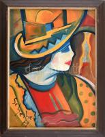 Scheiber jelzéssel: Hölgy kalapban. Olaj, vászon. Kissé sérült. Fa keretben. 52x38,5 cm