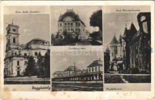 1940 Nagykároly, Carei; Római katolikus templom, Széchenyi utca, vasútállomás, Gróf Károlyi kastély / Catholic church, street view, railway station, castle (fl)