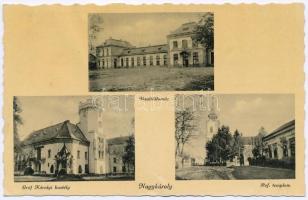 Nagykároly, Carei; vasútállomás, Gróf Károlyi kastély, Református templom / railway station, castle, Calvinist church (ázott / wet damage)