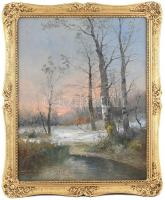 K Spányi B jelzéssel: Derengő fények. Olaj, vászon. Restaurált. Dekoratív fa keretben. 69,5x56 cm