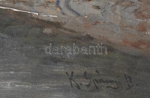 K Spányi B jelzéssel: Derengő fények. Olaj, vászon. Restaurált. Dekoratív fa keretben. 69,5x56 cm