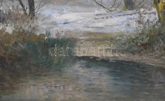 K Spányi B jelzéssel: Derengő fények. Olaj, vászon. Restaurált. Dekoratív fa keretben. 69,5x56 cm