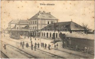 1913 Tövis, Teius; vasútállomás, vágányok, vagon. Adler fényirda / railway station, platforms + &quot;GYULA-FEHÉRVÁR-BUDAPEST 5 SZ&quot; vasúti mozgóposta (fl)