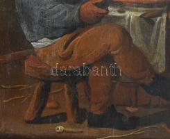 XVIII. sz. németalföldi festő alkotása, jelzés nélkül: Pipagyújtás. Olaj, fatábla. Hátoldalán Állami...