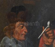 XVIII. sz. németalföldi festő alkotása, jelzés nélkül: Pipagyújtás. Olaj, fatábla. Hátoldalán Állami...