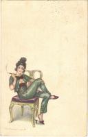 1921 Olasz művészlap, Cigarettázó hölgy öltönyben / Italian art postcard, lady smoking a cigarette. G.A.M. 554-3. s: Bompard (EK)