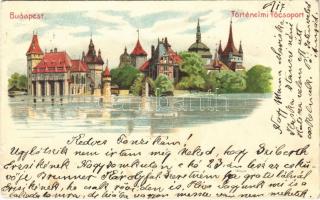 1899 Budapest XIV. Városliget, Történelmi főcsoport, Vajdahunyad vára. Kunstanstalt "Kosmos" S. IX. litho (kis szakadás / small tear)