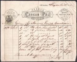 1872 Hódmezővásárhely, Csokán Pál Rőfös kereskedésének fejléces számlája, rajta temetésre vásárolt tételekkel, 5 kr. okmánybélyeggel