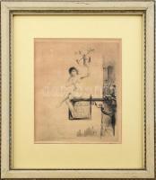 Apoux, Joseph (1846-1910): Au Moulin Galant (erotikus grafika). Rézkarc, papír, jelzett a rézkarcon. Üvegezett, kissé sérült régi fa keretben. 20,5x18 cm