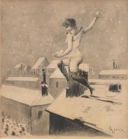 Apoux, Joseph (1846-1910): Hógolyózók (erotikus grafika). Rézkarc, papír, jelzett a rézkarcon. Üvegezett, kissé sérült régi fa keretben. 20x18 cm