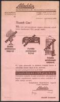 cca 1930 Aladdin Kereskedelmi Rt. termékeinek (lámpa, főző, kályha ...stb) 2 db reklám prospektusa, hajtottak.