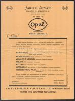 cca 1920-1930 Járitz István Opel alkatrészek városi lerakatának reklám prospektusa, hajtott.