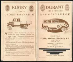 cca 1929 Durant 4 és 6 hengeres személyautó kihajtható prospektus, vezérképviselet Fehér Miklós Gépgyár Rt. Budapest, belül lillusztrációkkal is, 33,5x39,5 cm