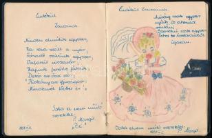 1956 Emlékkönyv, egyedi bájos rajzokkal és idézetekkel. Kopott, sérült borító 19x14,5 cm