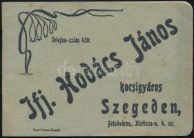 cca 1900-1910 Szeged, Első Alföldi Kocsigyár, Ifj. Hodács János Kocsigyára. Szeged, Engel Lajos-ny., 15 sztl. lev. Illusztrált címlappal, rajta a gyár képével, 24 képpel. Szecessziós haránt alakú papírkötés, egy lap hiánnyal.