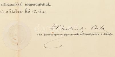 1925 Torboszlói Bereczky Sándor Roland gépészmérnöki oklevele 60x44 cm Szakadással