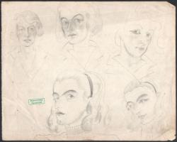 Gyenes Gitta (1888-1960): Női fejek, portrék. Ceruza, papír, hagyatéki pecséttel jelzett, 22×28 cm