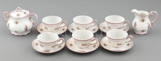 Zsolnay virágmintás 6 személyes mokkás készlet kávéskanna hiányzik. Matricás, jelzett, kopásnyomokkal, apró lepattanással.