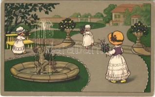 1918 Children art postcard, girls with flowers. S.B. Special 2838. (Rb)