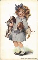 1913 Children art postcard, girl with dogs. Gutmann & Gutmann 705. artist signed (EK)