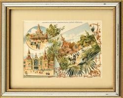 1896 Ezredéves Kiállítás, Mezőgazdasági Csoport főépületei, litho kép, üvegezett keretben, 12,5×15,5 cm