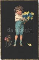 1926 Children art postcard, boy with flowers and dog. HWB Ser. 12134. (EK)