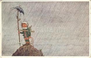 Children art postcard, boy hiking in the mountains. Raphael Tuck & Sons Oilette Serie Sommerurlaub im Gebirge No. 985. s: H.S.B. (EK)
