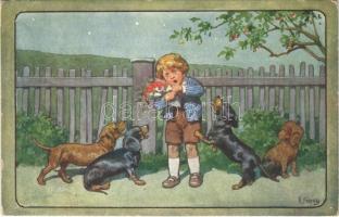 1934 Children art postcard, boy with flowers and Dachshund dogs. B.K.W.I. 240-4. s: K. Feiertag (EK)