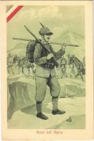 Saluti dall Alpino / WWI Italian military art postcard, Alpini mountain infantry, Italian flag