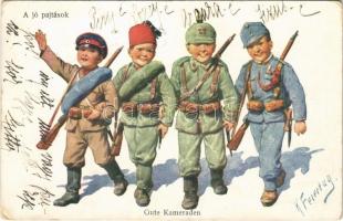 1917 A jó pajtások / Gute Kameraden / WWI Austro-Hungarian K.u.K. military art postcard, Central Powers propaganda, children in uniforms. B.K.W.I. 169-10. s: K. Feiertag (EK)