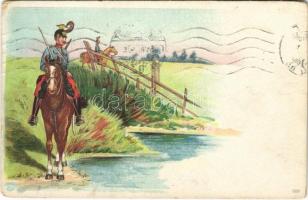 1915 WWI Austro-Hungarian K.u.K. military art postcard, cavalryman, litho (kopott sarok / worn corner)