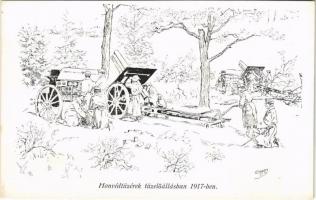 Honvéd tüzérek tüzelőállásban 1917-ben. Honvédség története 1868-1918 / WWI Austro-Hungarian K.u.K. military art postcard, artillery s: Garay