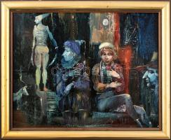 Herpai Zoltán (1951-2011): Komédiások éjszakája. Olaj, farost, jelzett. Hátoldalán Talentum Agriae k...