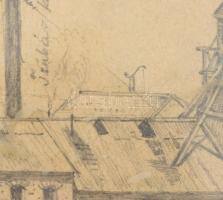 Báró Mednyánszky László (1852-1919): Gyár látképe. Ceruza, papír. Jelezve jobbra lent. Üvegezett fa ...